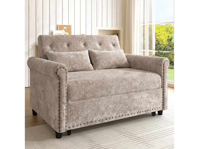  Canapé convertible 3-en-1 2 places 120 x 80 x 82 cm avec dossier 3 positions, lit gigogne et 2 coussins, chenille, mousse et bois, marron OMNIGLINT TRADING LTD - Conforama C