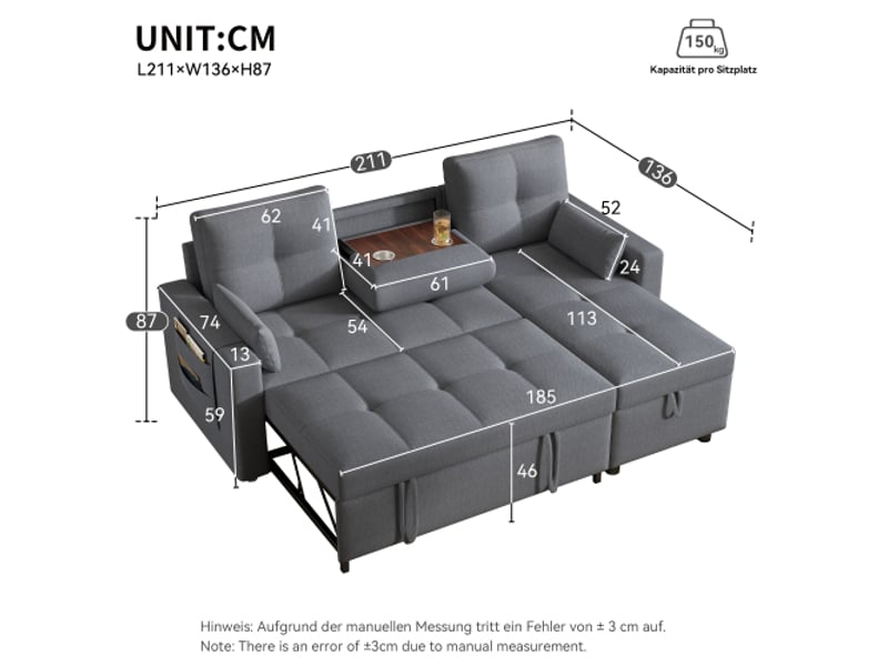 Canapé d'angle réversible convertible 3 pl lin gris coffre de rangement canapé d'angle gris - Conforama C