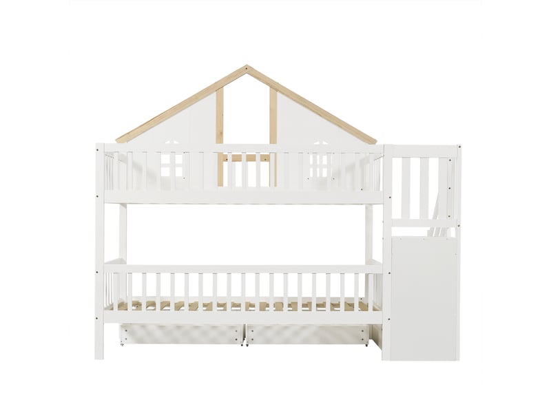  Lit superposé enfant 90x200 cm blanc et bois, forme maison, escalier et tiroirs  - Conforama D