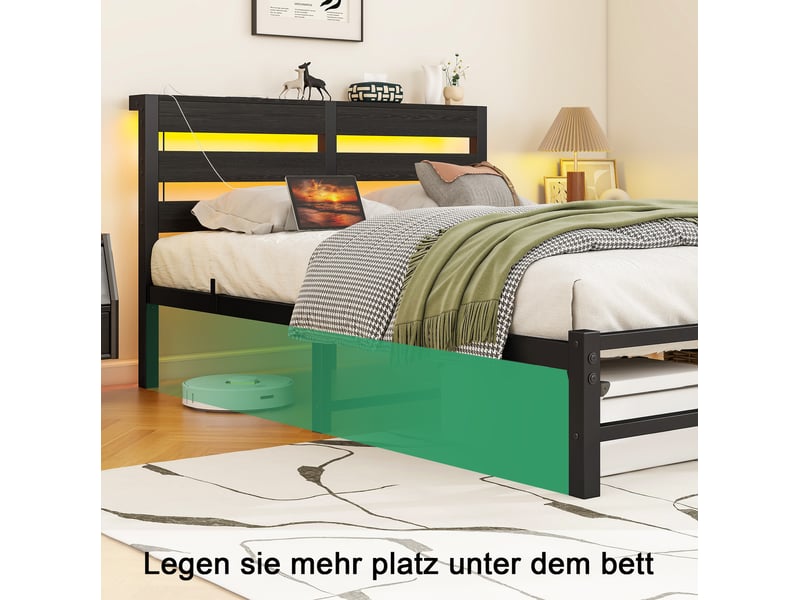  Cadre de lit, 120x200 cm, avec led intégrée, usb, 9 pieds, structure, matelas non inclus, métal et bois, coloris noir  - Conforama E
