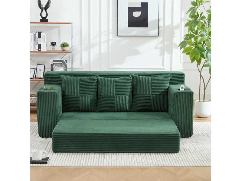  Canapé modulable 3 places modenvie en velours côtelé vert émeraude avec porte-gobelets et poches latérales 172 x 87 x 64 cm  - Conforama D