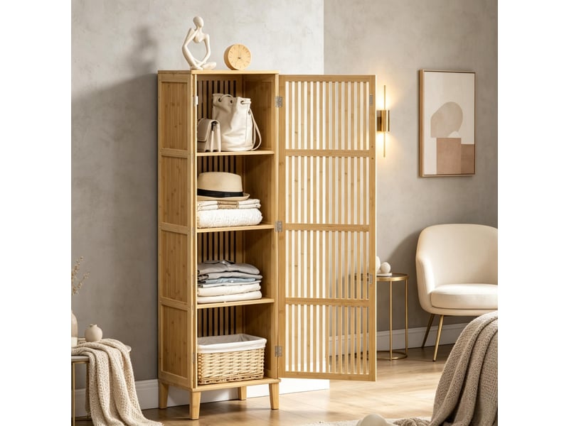  Meuble de rangement avec 1 porte, 4 étagères, lamelles d’aération et anti-basculement pour salle de bain, 40×30×140 cm  - Conforama C