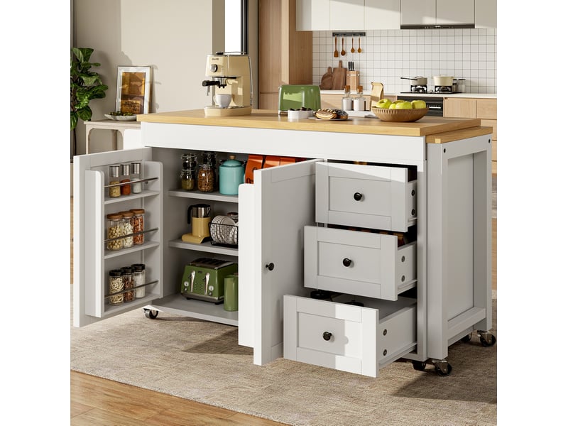  Îlot de cuisine mobile modenvie extensible de 116 à 179,5 cm, plateau additionnel jusqu'à 69,5 cm, 3 tiroirs, placard double porte, roulettes, blanc et noir  - Conforama E