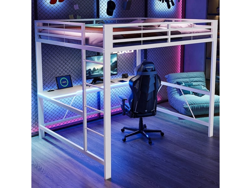  Lit mezzanine gamer 160x200 avec bureau intégré, led et port usb, blanc  - Conforama C