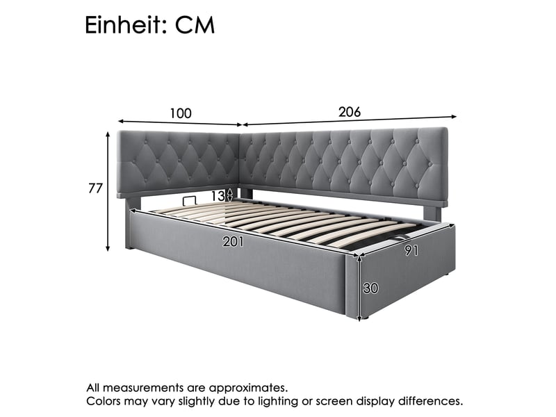  Lit banquette 90x200 lit coffre hydraulique canapé lit velours gris avec sommier  - Conforama C