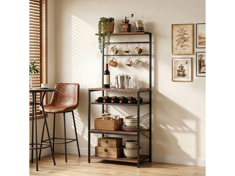  Étagère de cuisine style industriel à 5 niveaux avec 6 crochets et porte-bouteilles, noyer  - Conforama D