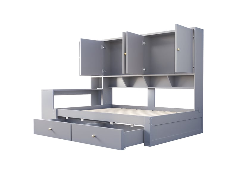 Lit combiné simple 90x200 cm en bois avec bureau, 2 tiroirs, prises et led, sans matelas, gris - Conforama E