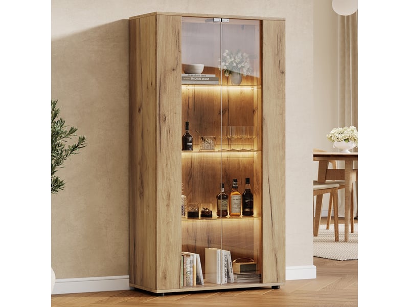 Vitrine d'exposition - 80x36x150.5cm - meuble vitrine avec 2 portes en verre, led rgb connectée &amp; 4 niveaux - bois naturel  - Conforama C