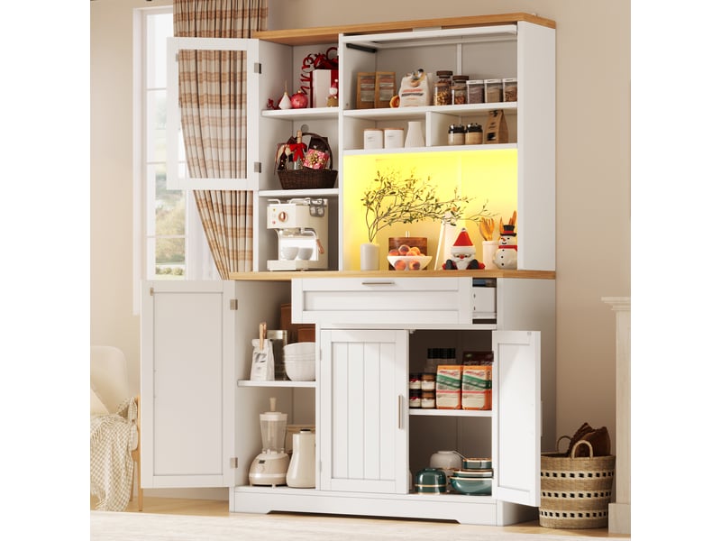  Armoire de cuisine avec éclairage led, meuble vitrine blanc et noir, vaisselier haut 180 cm, rangement mdf  - Conforama D