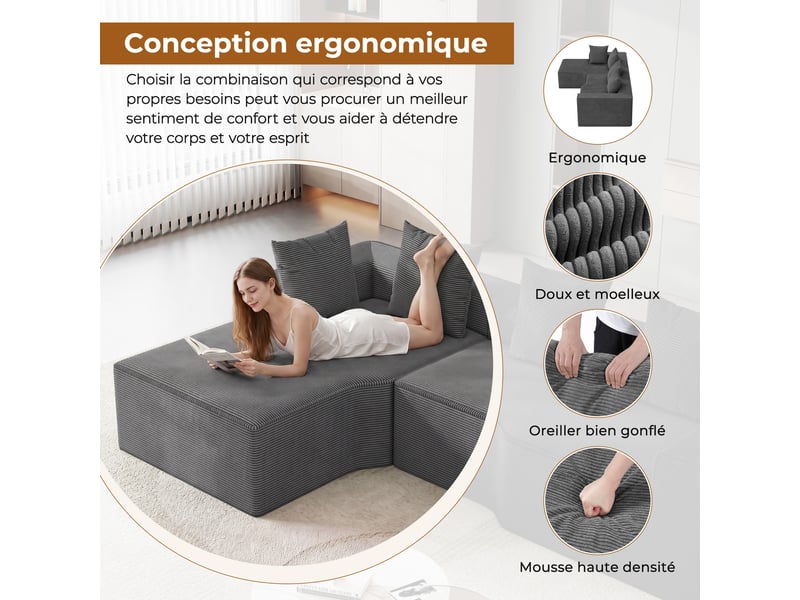  Canapé d'angle gauche modulaire 3 places compressé en velours côtelé,mousse haute densité,sans assemblage,canapé de salon,270x152x59cm,gris 270x152x59CM - Conforama C