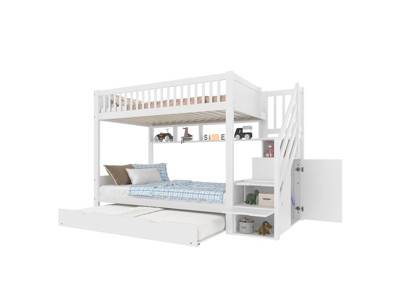  Modenvie lit superposé enfant 90x200 cm - avec lit gigogne, armoire et escalier de rangement, sans matelas - blanc  - Conforama A