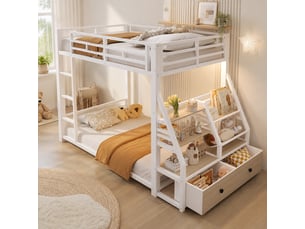 Lit superposé 2x90x200 cm, avec 2 tiroirs en tissu, éclairage led, étagères, échelle et garde-corps, métal blanc