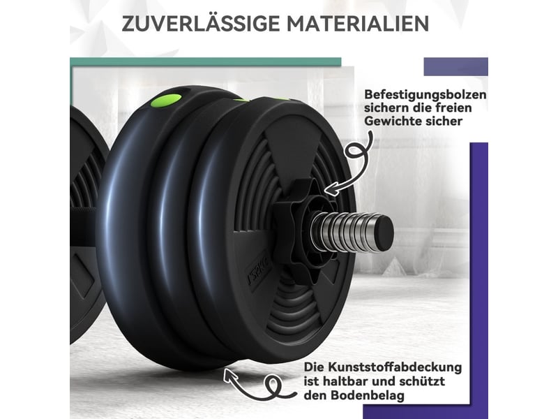 Set d'haltères 2-en-1 réglable 20 kg noir et vert, avec barre longue, pour varier vos exercices à domicile - Conforama D