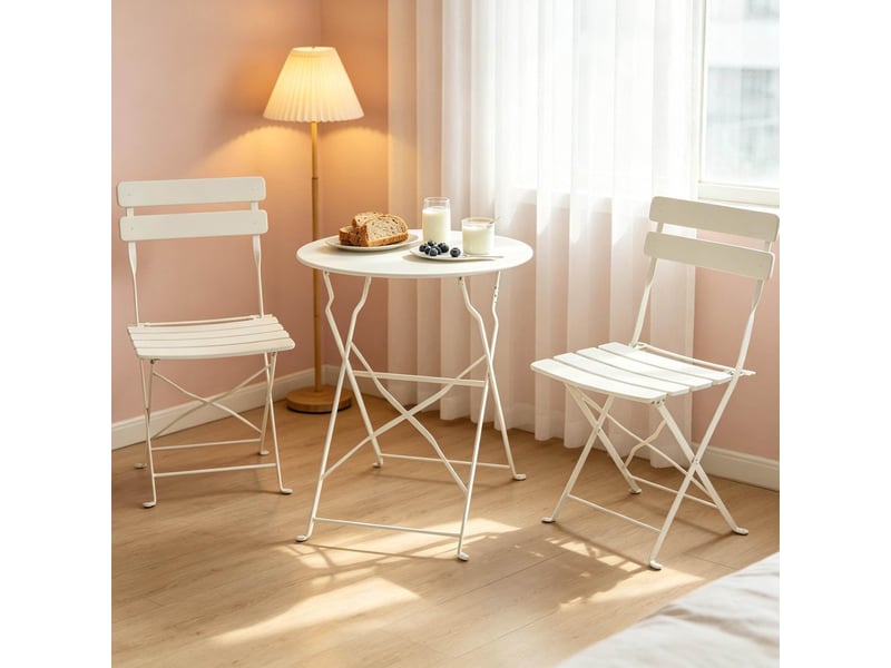 Salon de jardin pliant 3 pièces, table ronde ø58 cm et 2 chaises crème en métal, sans montage - Conforama B
