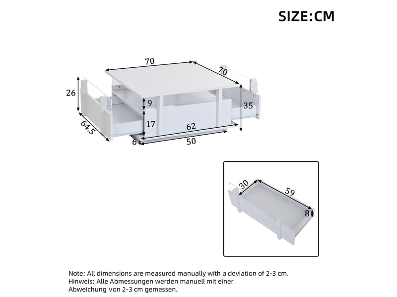  Table basse carrée 70 x 70 x 35 cm led, 2 tiroirs, panneau de particules blanc  - Conforama C