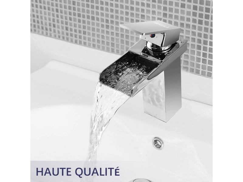  Robinet de lavabo de salle de bain, mitigeur de lavabo cascade au design moderne, eau chaude et froide disponible, laiton chromé (sans tuyau)  - Conforama C