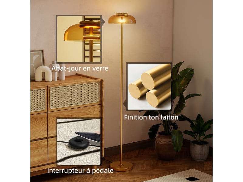  Lampadaire led 3000 k finition laiton avec abat-jour en verre et interrupteur au pied pour salon, ø25 x h134 cm  - Conforama D