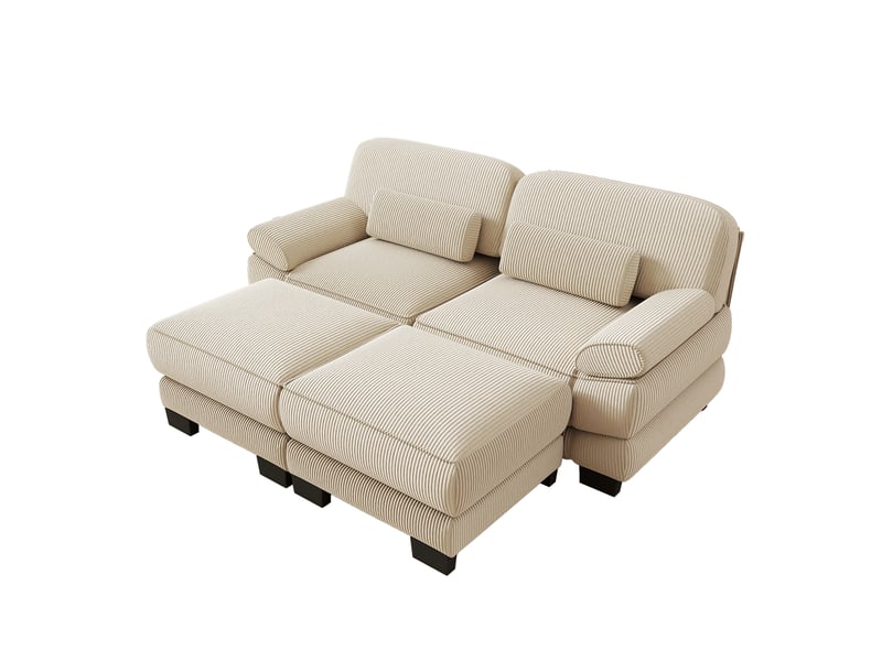 Canapé modulable 2 places en velours côtelé beige, avec 2 poufs, assise profonde, coussin lombaire, 194×161×94 cm - Conforama A
