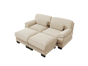 Canapé modulable 2 places en velours côtelé beige, avec 2 poufs, assise profonde, coussin lombaire, 194×161×94 cm