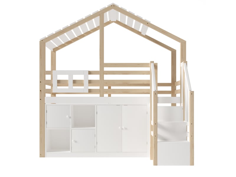  Lit mezzanine blanc et naturel 90 × 200 cm, forme maison, rangements et échelle intégrée  - Conforama A