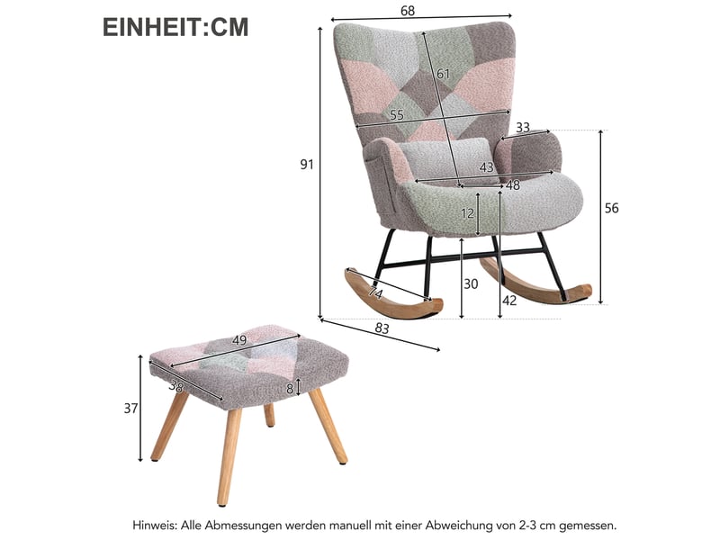  Fauteuil à bascule avec repose-pieds, coussin lombaire et poche latérale, en velours multicolore  - Conforama D