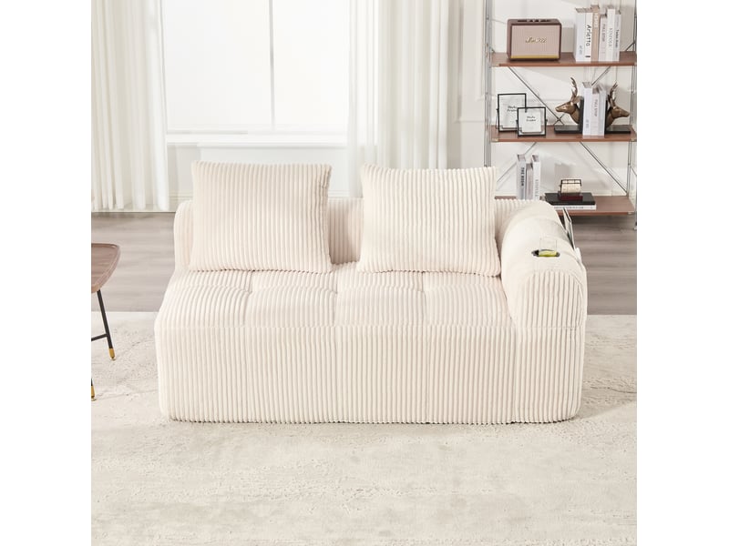  Canapé 2 places compact 158x93x61cm, poche latérale, porte-gobelets, mousse à haute densité, ressorts intégrés, velours côtelé beige  - Conforama D