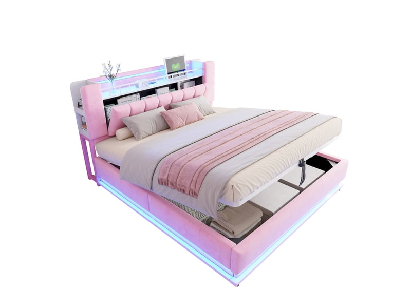  Lit coffre 180 x 200 cm avec rangement hydraulique, led et usb, lit double rembourré en velours rose avec rangement intégré dans la tête de lit  - Conforama A