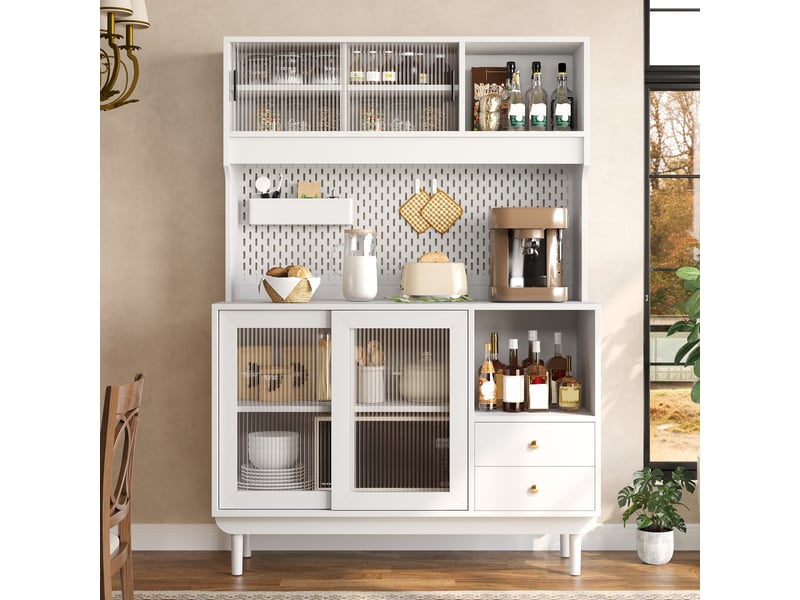  Buffet de cuisine avec 4 portes coulissantes en verre strié, 2 tiroirs, panneau perforé, en mdf, 117×30×170 cm, blanc  - Conforama B