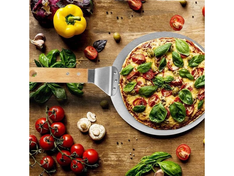  Spatule à pizza 3 en 1 en acier inoxydable de 25 cm avec manche en bois et poussoir à pizza HRC0000785LY - Conforama B