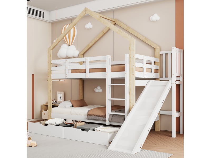Elvmi lit superposé cabane enfant 90x200 cm avec toboggan, échelle d’angle à 3 marches, barrières de sécurité sur le couchage supérieur, 2 tiroirs de rangement, structure en bois massif et mdf, coloris blanc et naturel - Conforama E