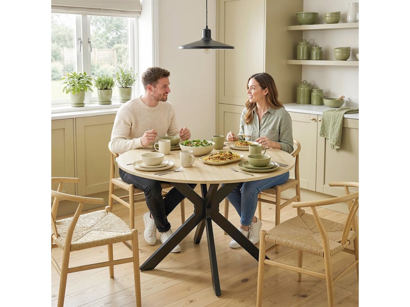 Table de cuisine ronde pliante pour 2 à 6 personnes avec rallonge rabattable, double structure en acier, ø 110 x 76 cm, couleur naturelle - Conforama C