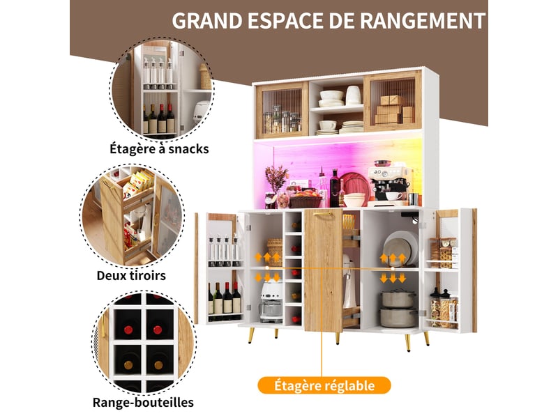 Buffet de cuisine blanc effet bois 120x40x180 cm, meuble de rangement avec led, prise intégrée, casier à vin, 5 portes - Conforama B