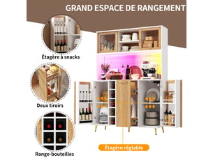 Buffet de cuisine blanc effet bois 120x40x180 cm, meuble de rangement avec led, prise intégrée, casier à vin, 5 portes