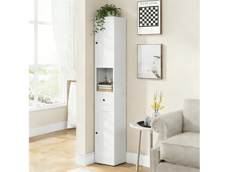 Armoire de salle de bain à 2 portes et 1 tiroir, 5 niveaux avec étagères réglables en métal blanc 30 × 30 × 180 cm - Conforama E