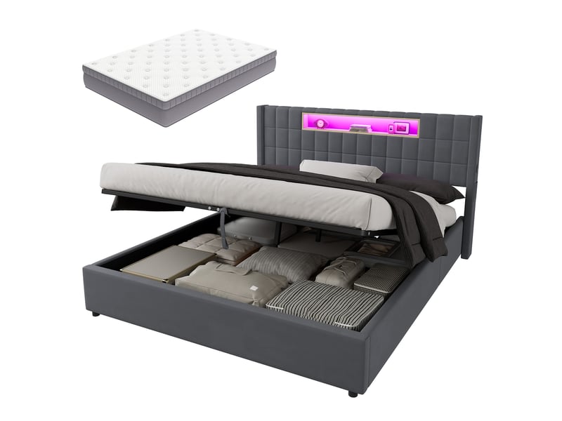 Lit pour enfant 180 × 200 cm 2 places avec matelas et fonction de recharge, lit rembourré avec compartiments ouverts et éclairage led, lit double avec coffre de rangement, gris - Conforama A
