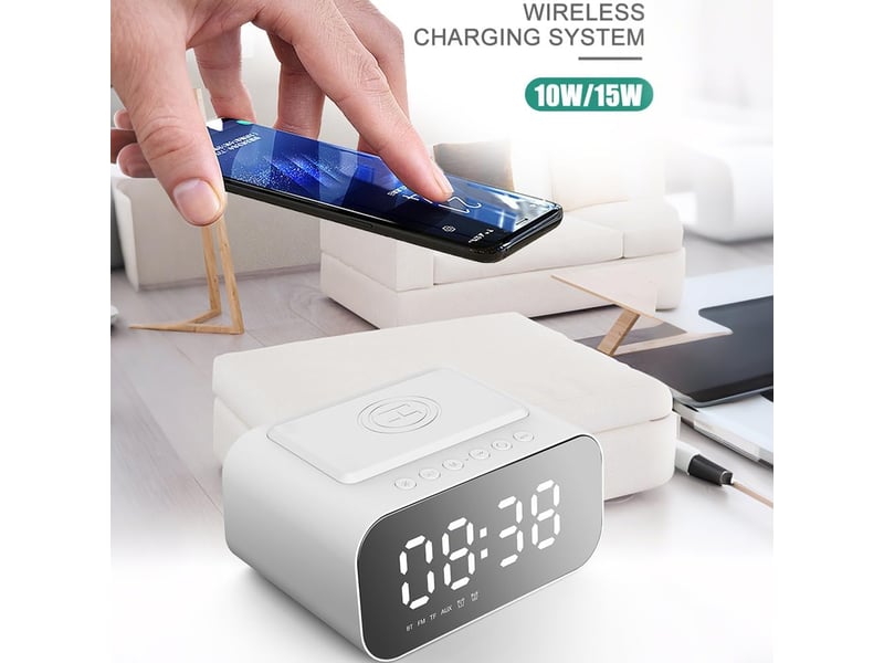  Réveil numérique intelligent multifonctionnel 6 en 1 avec charge sans fil 15 w, bluetooth, radio fm, carte tf et entrée aux. Bt510 blanc  - Conforama B