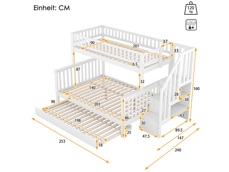  Lit superposé enfant 90 x 200cm et 140 x 200cm avec sommier, sans matelas, pin, blanc, tiroirs et escalier  - Conforama B