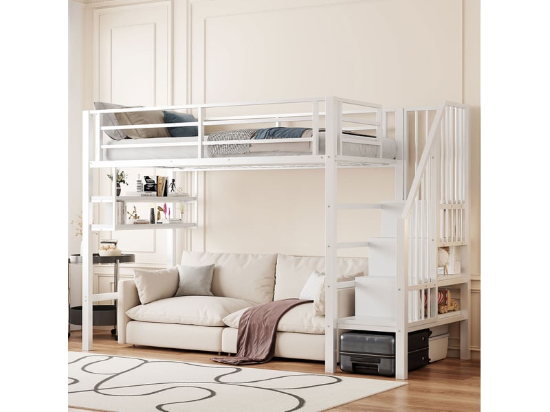  Lit mezzanine enfant 90 x 200 cm rangements échelle rangement garde-corps sécurisé métal et mdf blanc sans matelas  - Conforama D