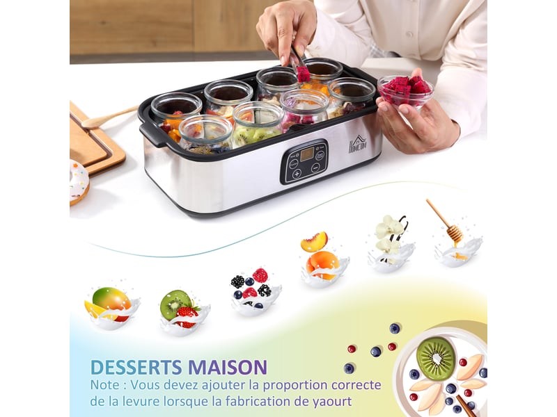 Yaourtière avec 8 pots en verre de 180ml, thermostat réglable et affichage numérique pour des desserts maison sains, machine à yaourt électrique en acier inoxydable avec minuterie  - Conforama W
