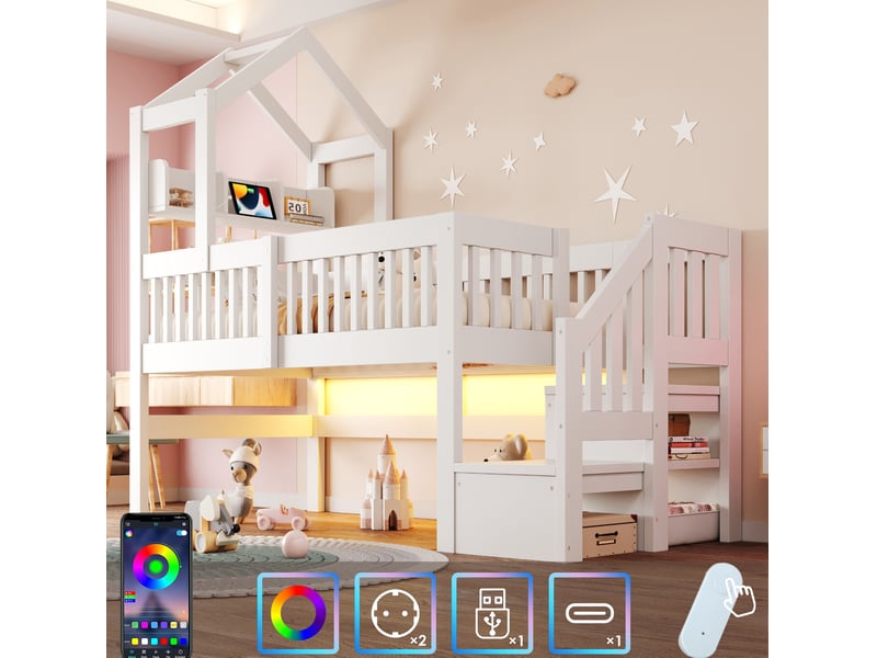  Lit mezzanine enfant 90x200 cm avec rangement, éclairage et port usb,coloris blanc  - Conforama E