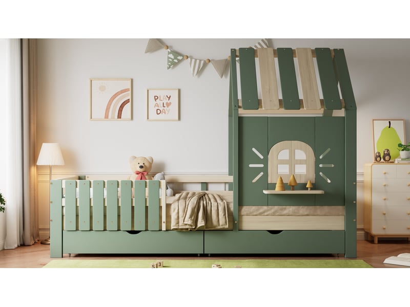  Lit cabane 90x200 cm avec tiroirs et garde-corps, vert  - Conforama R