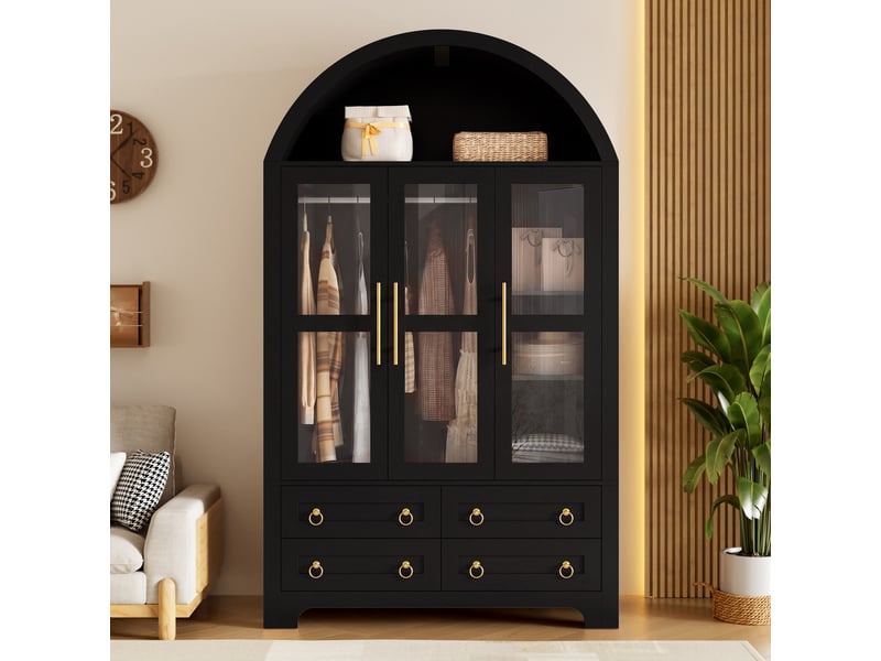  Armoire penderie 110x50x186cm, 3 portes vitrées, 4 tiroirs, tringle à vêtements, étagères, led pilotable par application, noir  - Conforama C
