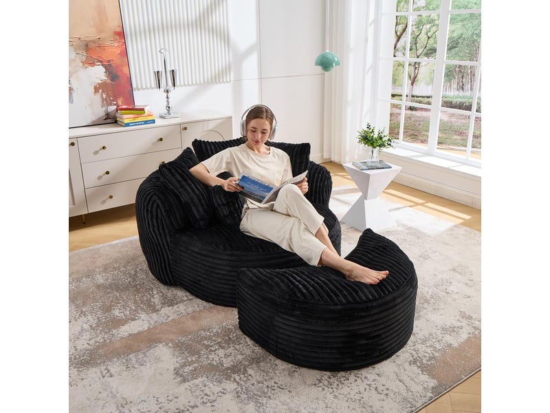  Fauteuil rond avec pouf - 168x123x63 cm - canapé lit lounge velours côtelé avec 5 coussins sans structure rigide - noir  - Conforama C