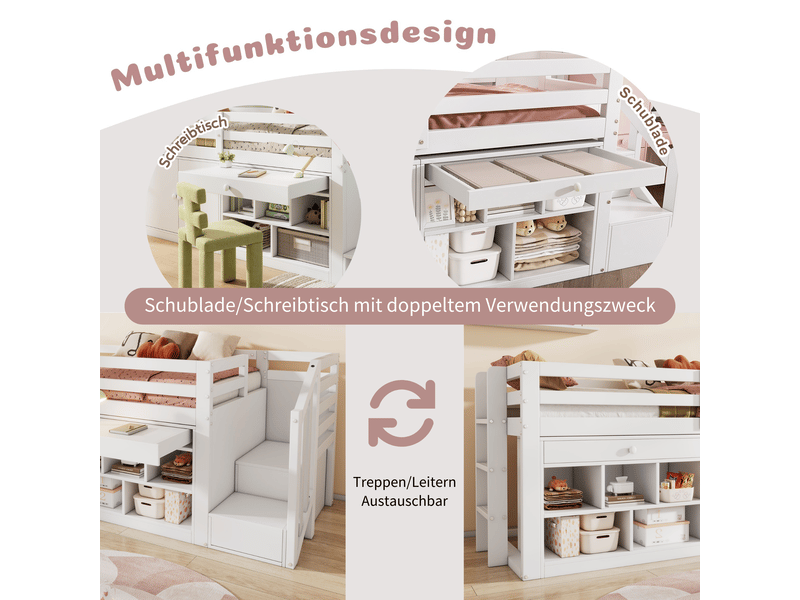  Lit enfant multifonction 90x200 blanc avec escalier et rangement - tiroirs convertibles en bureau  - Conforama W