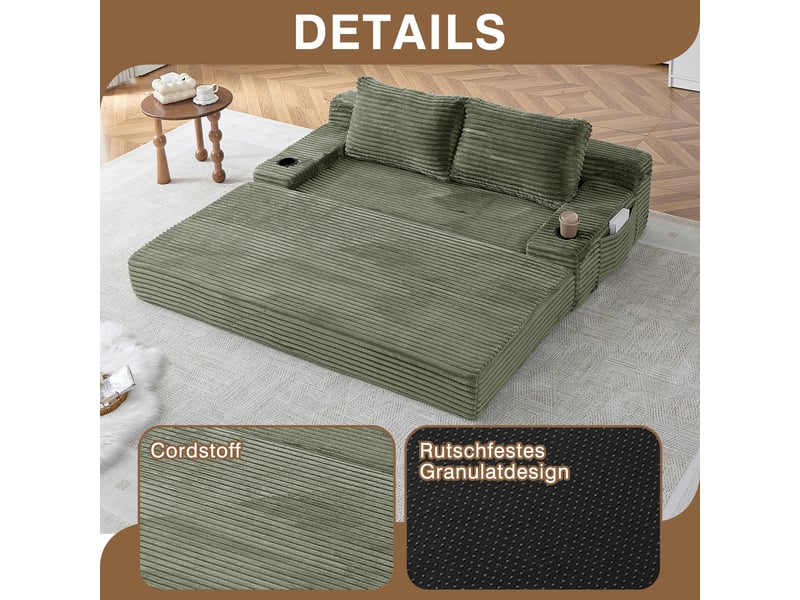  Canapé convertible 2-en-1 en velours côtelé 2 places, 2 coussins inclus, porte-gobelets, rangements latéraux  - Conforama E