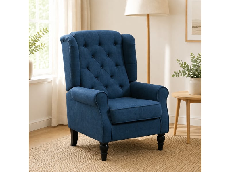  Fauteuil oreille 74x86x102 cm, accoudoirs arrondis, bleu, dossier haut, 4 pieds robustes en bois  - Conforama B