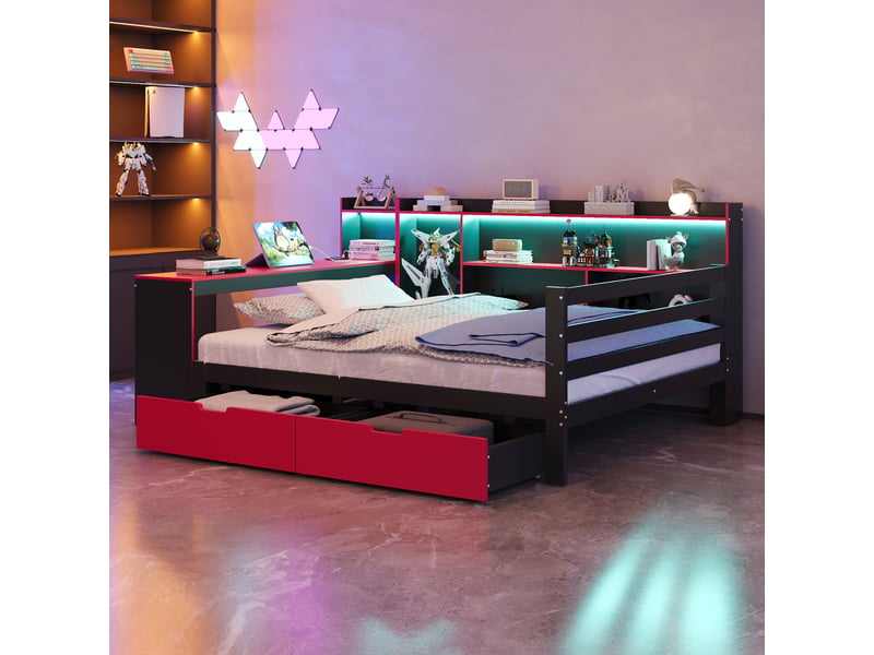  Canapé-lit 140x200 cm avec led et prises électriques, lit double avec bureau et tiroirs, coloris noir et rouge, lit 2 personnes  - Conforama C