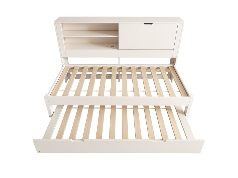  Lit avec rangement 90x190 cm, coffre caché et usb-c, blanc  - Conforama D