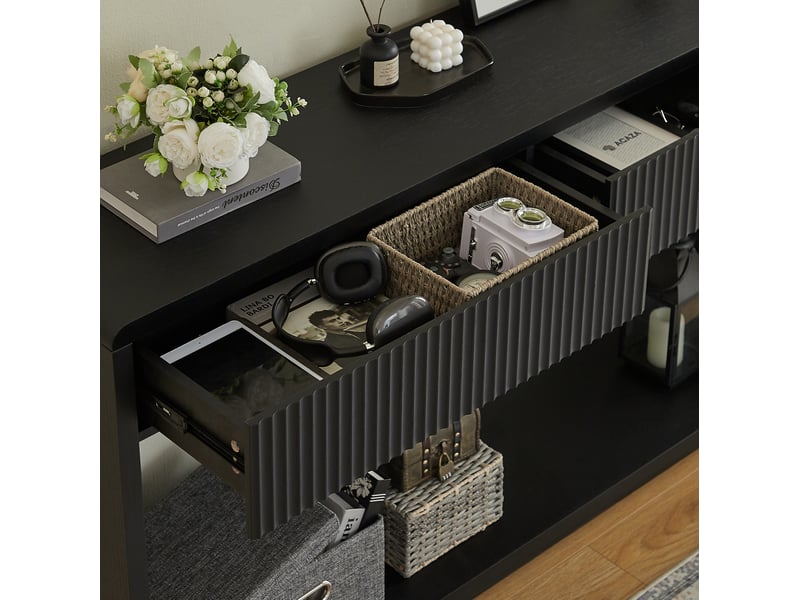  Console d'entrée 150x35x85 cm 2 tiroirs en panneau de particules couleur noir, design simple  - Conforama E