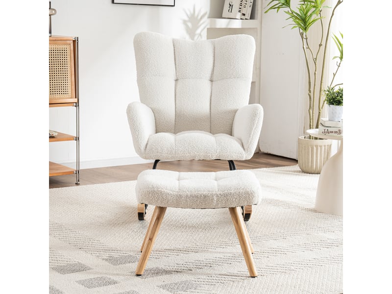  Fauteuil à bascule blanc avec repose-pieds, tissu bouclette et cadre en bois d'hévéa, siège lounge, 92 cm  - Conforama D